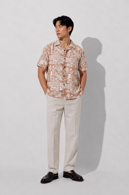 Taupe Tile Print Camp Shirt