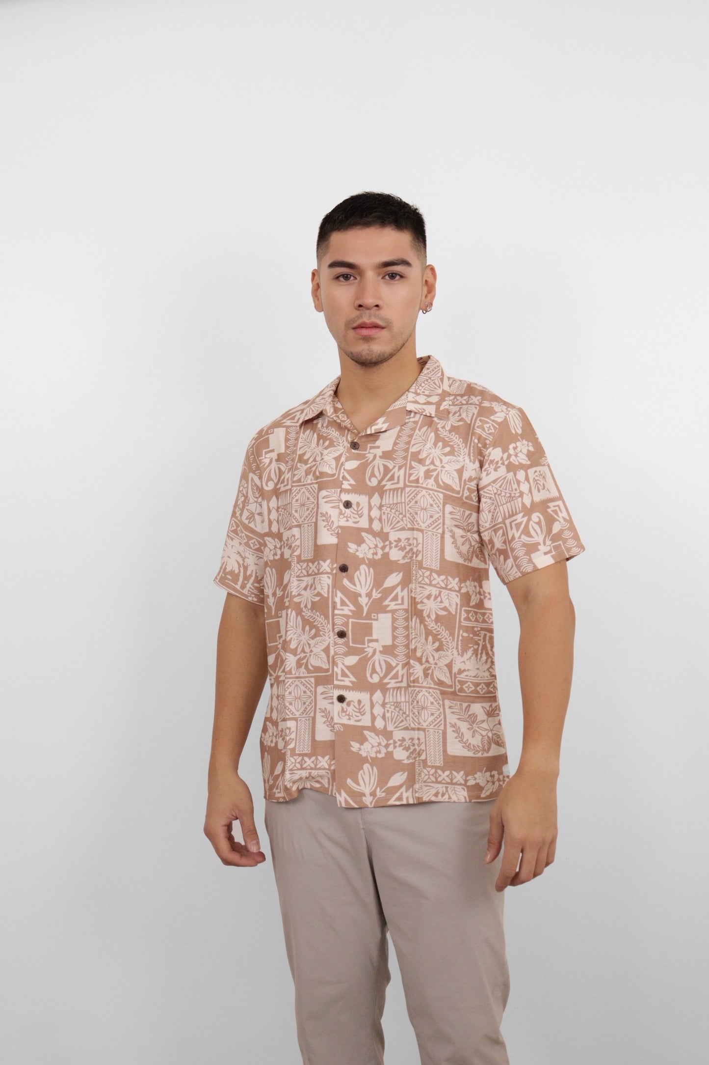 Taupe Tile Print Camp Shirt