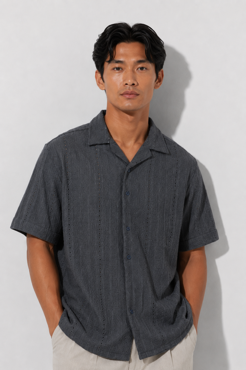 Charcoal Gray Textured Camp Shirt