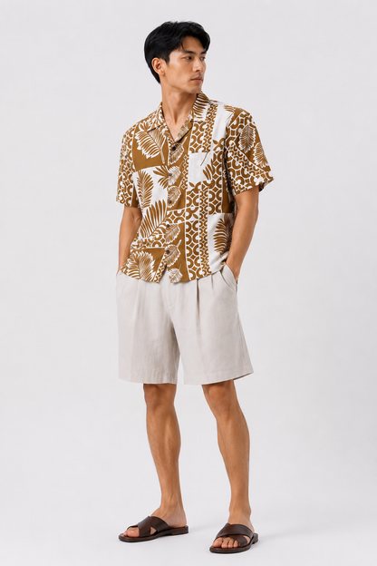Tan Leaf Block Camp Shirt