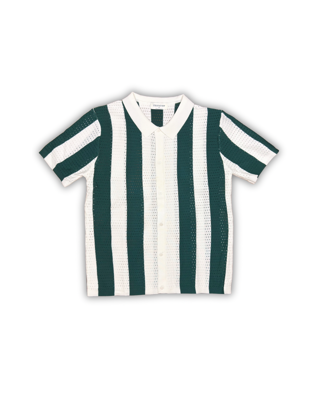 Green & White Vertical Stripe Crochet Polo