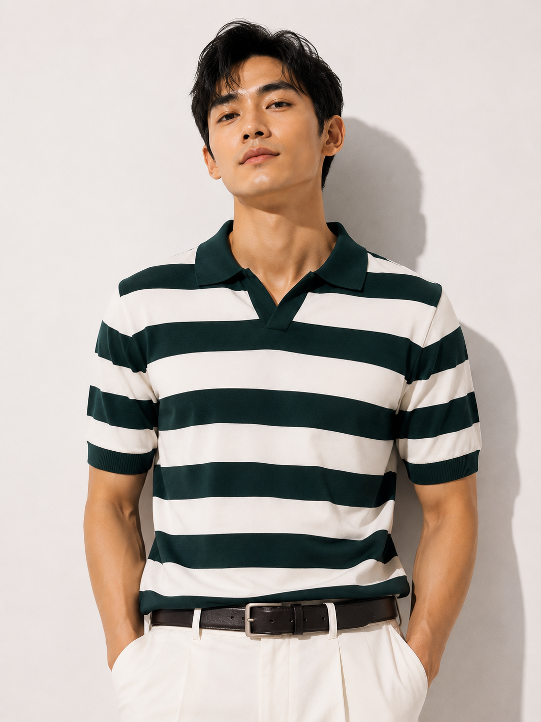 Green & White Bold Stripe Polo