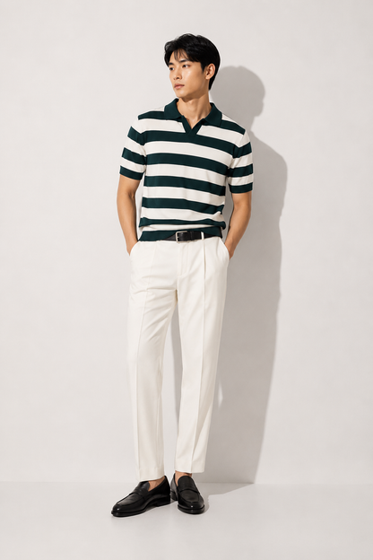 Green & White Bold Stripe Polo