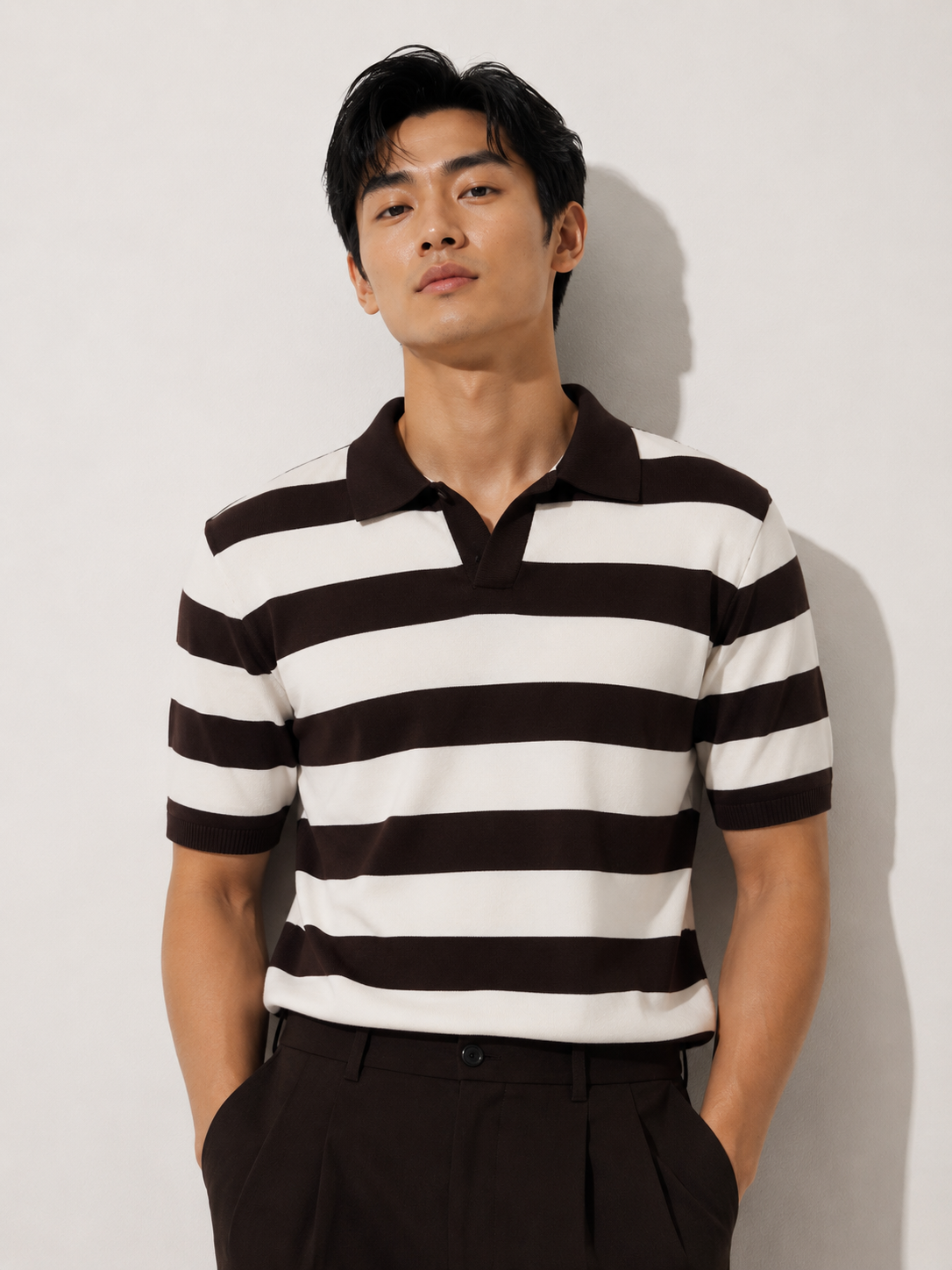 Brown & White Bold Stripe Polo