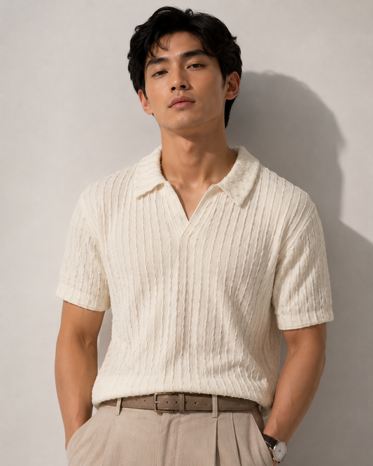 White Textured Knit Open Collar Polo