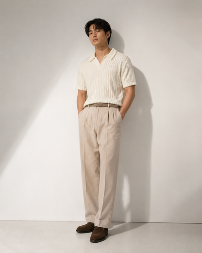 White Textured Knit Open Collar Polo