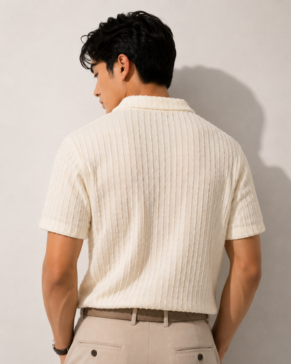White Textured Knit Open Collar Polo