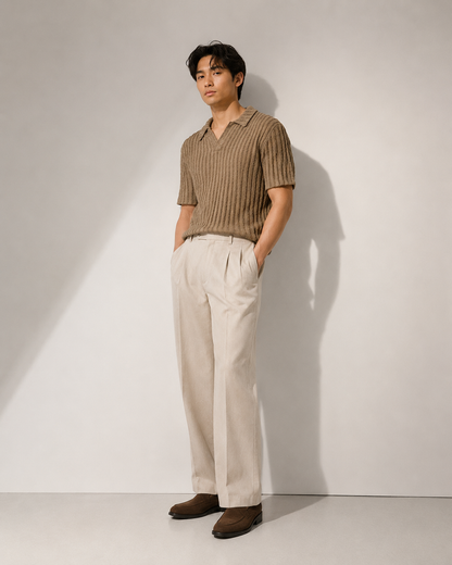 Beige Textured Knit Open Collar Polo