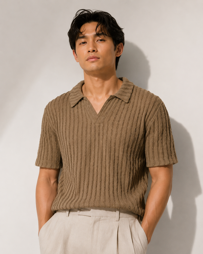 Beige Textured Knit Open Collar Polo