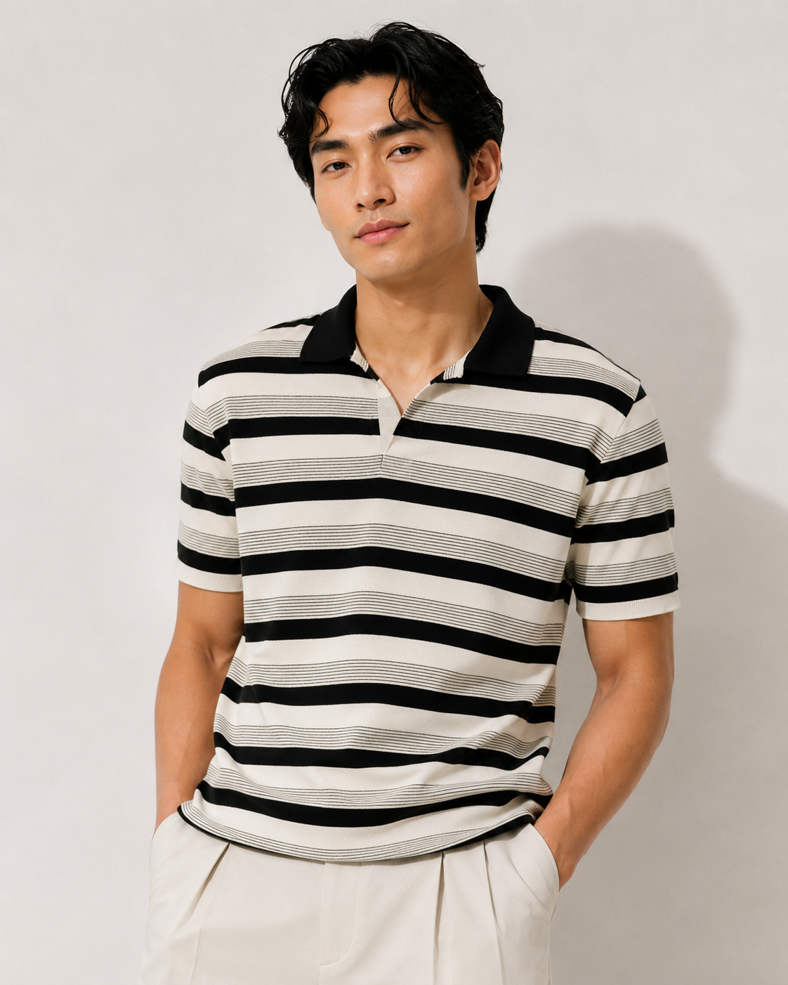 Black & White Contrast Collar Stripe Polo