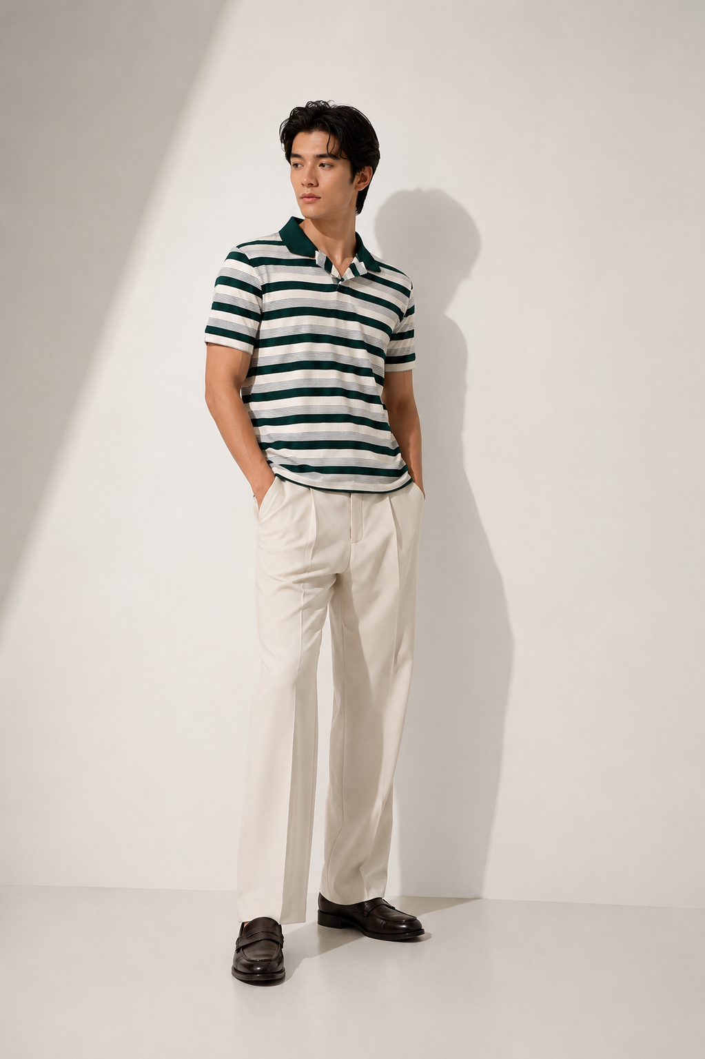 Green & White Contrast Collar Stripe Polo