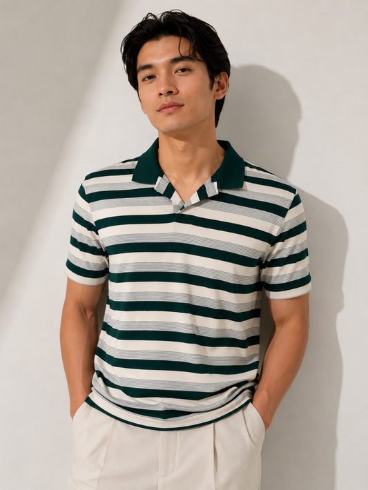 Green & White Contrast Collar Stripe Polo