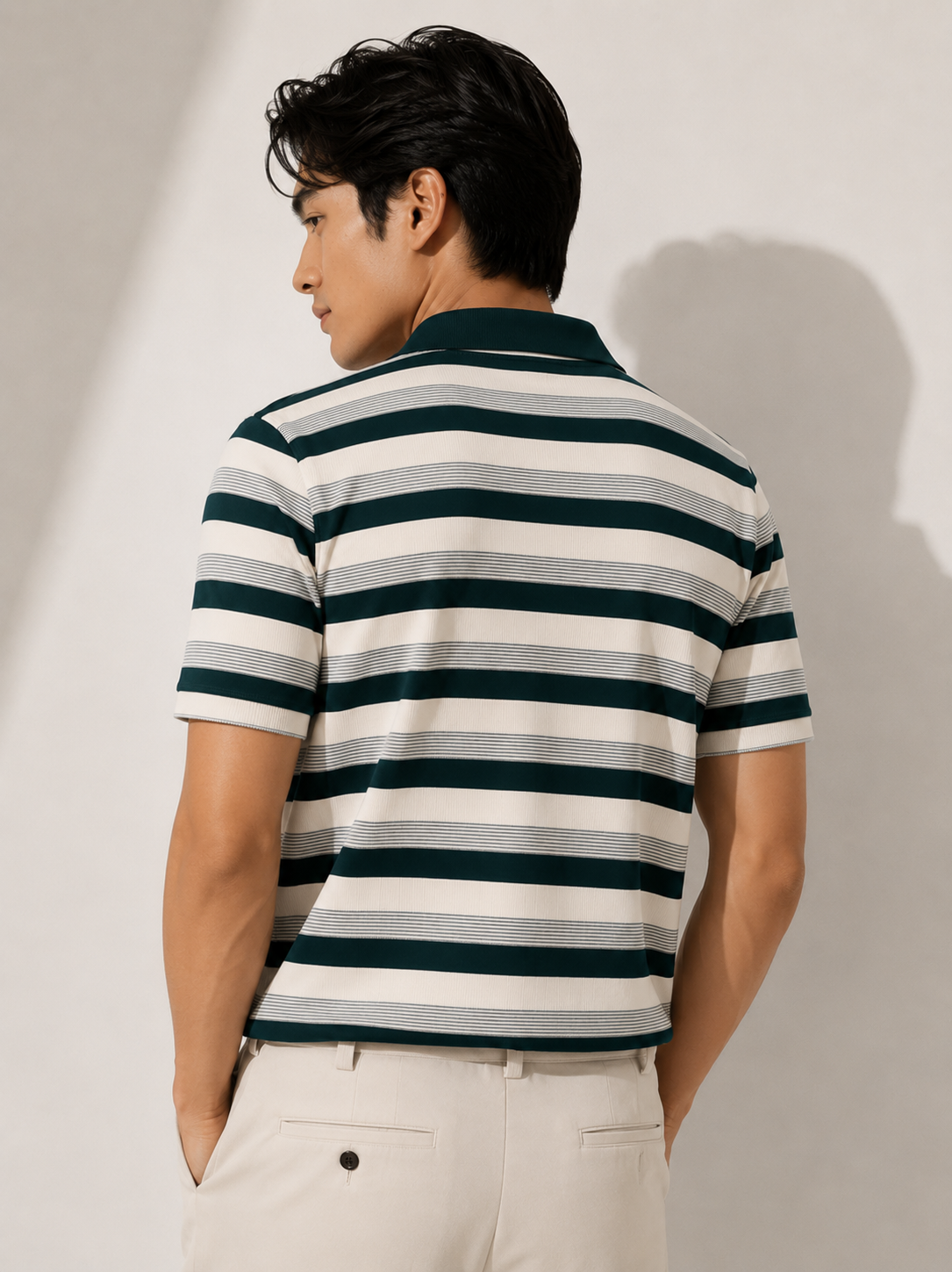 Green & White Contrast Collar Stripe Polo