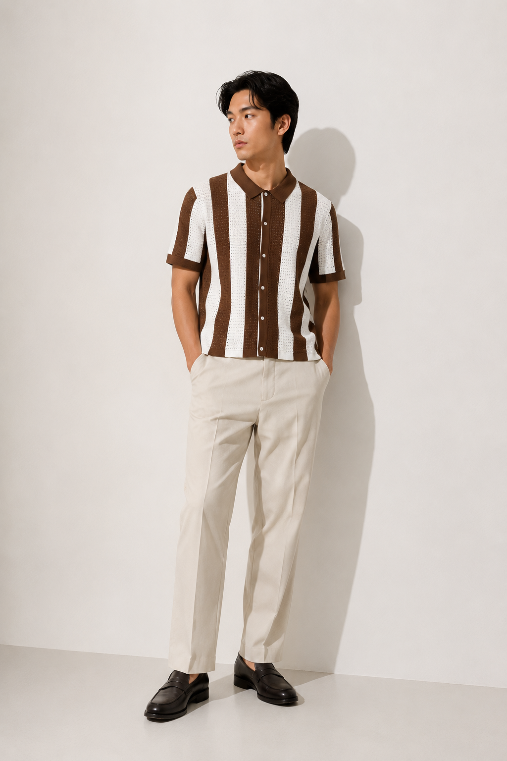 Brown & White Vertical Stripe Crochet Polo