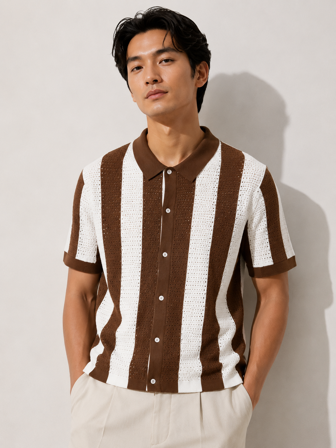 Brown & White Vertical Stripe Crochet Polo