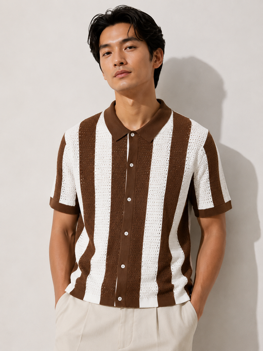 Brown & White Vertical Stripe Crochet Polo