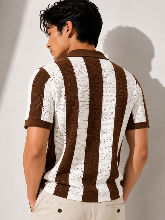 Brown & White Vertical Stripe Crochet Polo