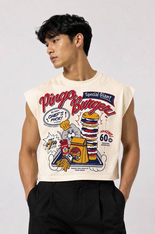 Pingo Burger Cropped Muscle Tee — Cream
