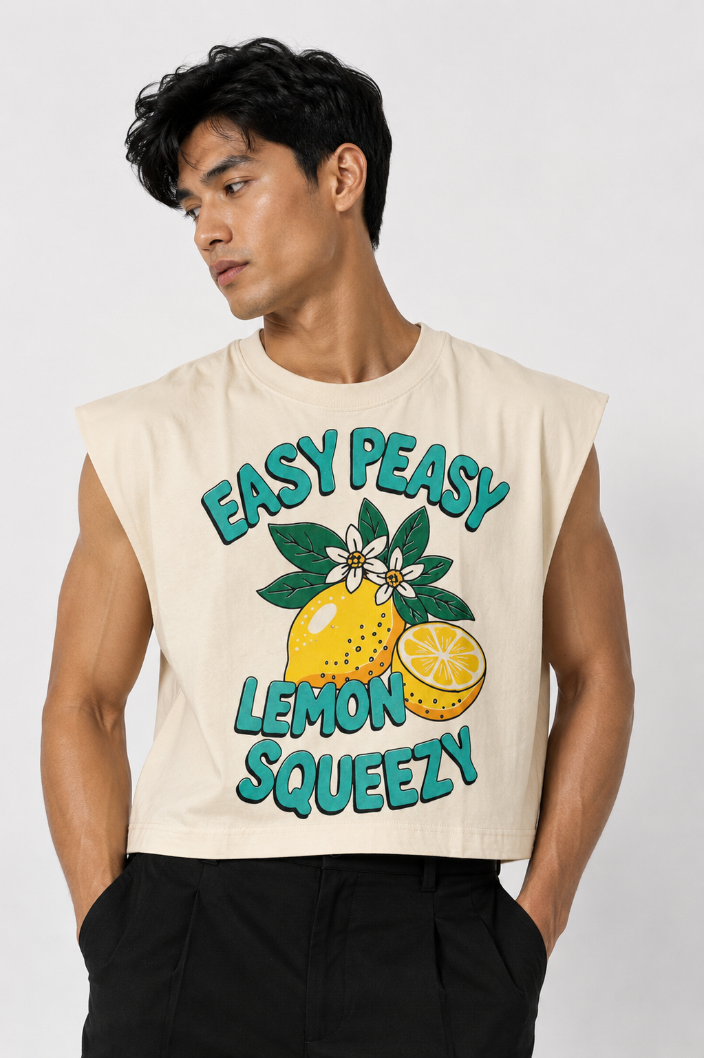 Easy Peasy Lemon Cropped Muscle Tee — Cream
